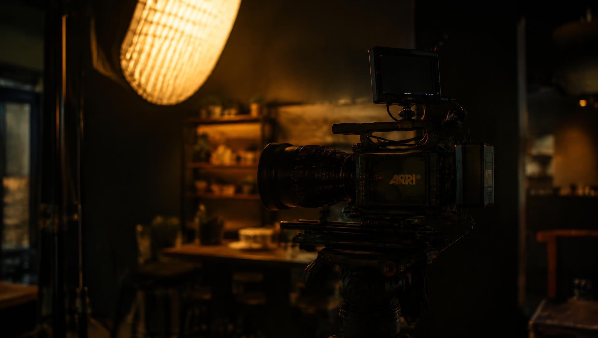 Cinema camera set up on location inside a small business